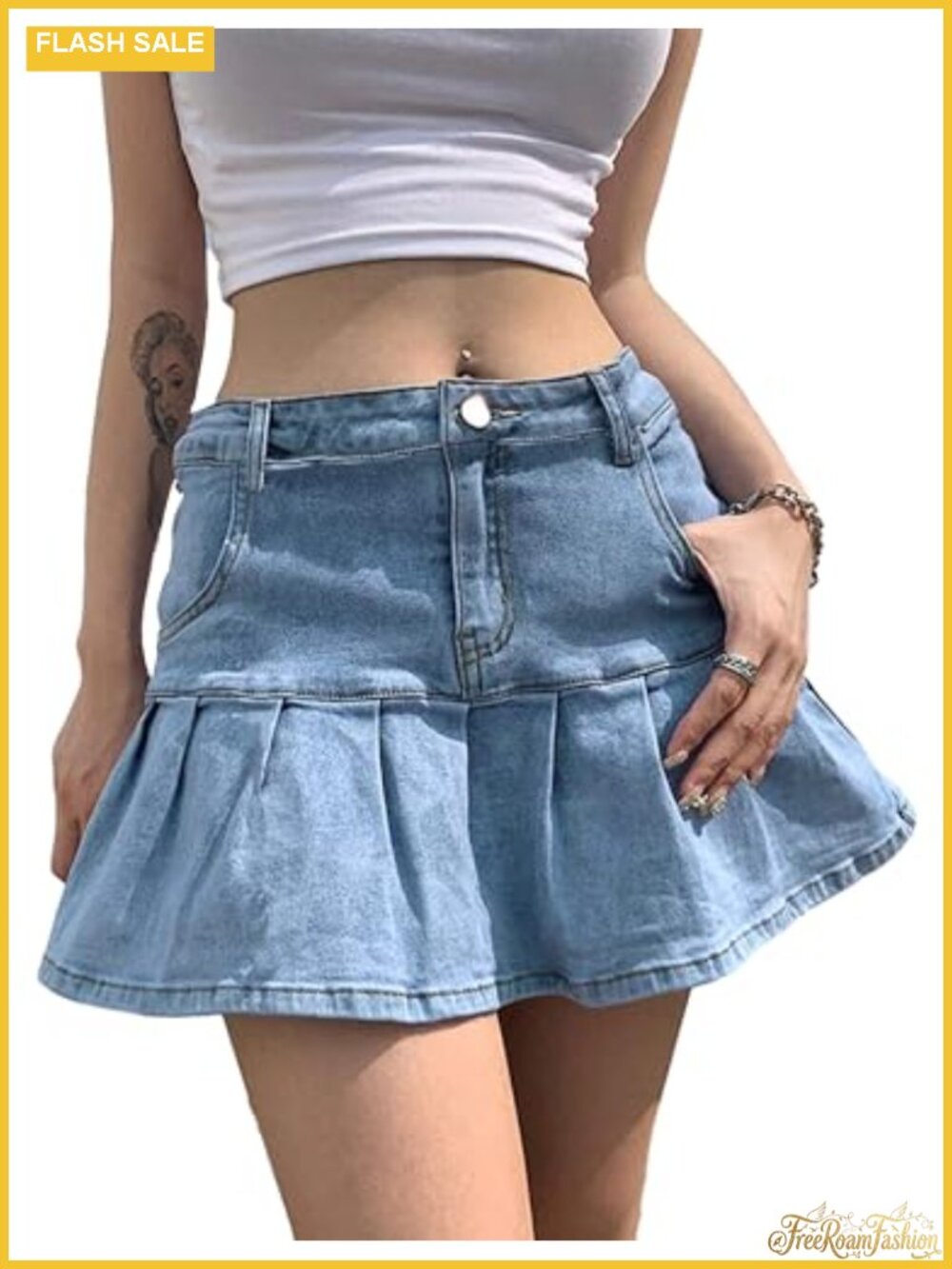 Tanming Womens Denim Mini Skort Ruffle Pleated Y2K Style